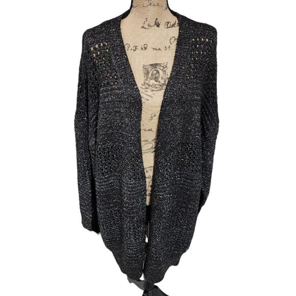 Novelty Stitch Black and Metallic Silver Crocheted Open Weave Cardigan Sweater - Picture 1 of 7